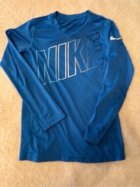 Nike Blue Long Sleeve Performance Tee with Logo